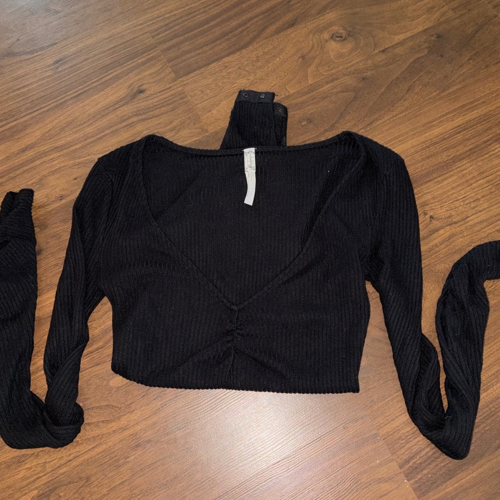Free People Black Ribbed V-Neck Long Sleeve onesie